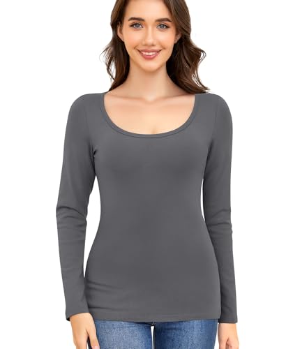 Thermo Oberteil Damen Thermounterwäsche Langarmshirt Basic Thermoshirt Thermo Unterwäsche Warmes Langarm Unterhemd Thermal Tops Innenfleece Winter Shirt Thermohemd (Grau, S) von Ganado