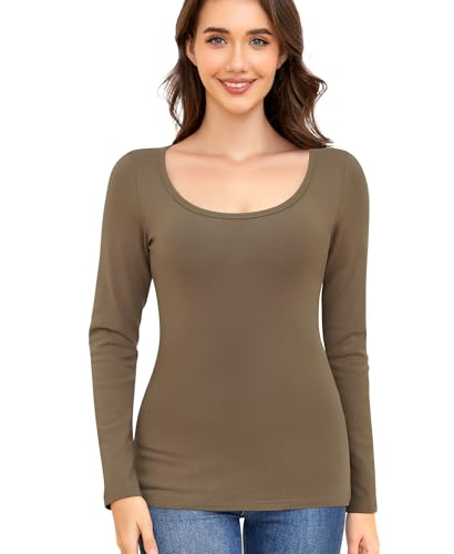 Thermo Oberteil Damen Thermounterwäsche Langarmshirt Basic Thermoshirt Thermo Unterwäsche Warmes Langarm Unterhemd Thermal Tops Innenfleece Winter Shirt Thermohemd (Hellbraun, XL) von Ganado