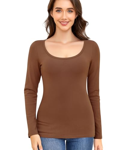 Thermo Oberteil Damen Thermounterwäsche Langarmshirt Basic Thermoshirt Thermo Unterwäsche Warmes Langarm Unterhemd Thermal Tops Innenfleece Winter Shirt Thermohemd (Kaffee, XS) von Ganado