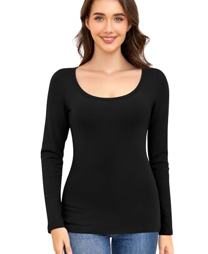 Thermo Oberteil Damen Thermounterwäsche Langarmshirt Basic Thermoshirt Thermo Unterwäsche Warmes Langarm Unterhemd Thermal Tops Innenfleece Winter Shirt Thermohemd (Schwarz, 2XL) von Ganado