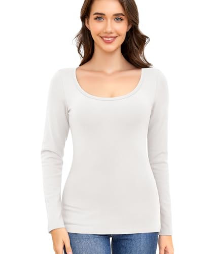 Thermo Oberteil Damen Thermounterwäsche Langarmshirt Basic Thermoshirt Thermo Unterwäsche Warmes Langarm Unterhemd Thermal Tops Innenfleece Winter Shirt Thermohemd (Weiß, L) von Ganado