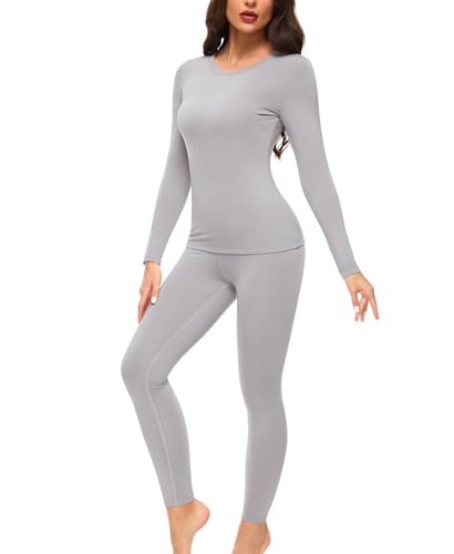 Thermounterwäsche Set Damen Innenfleece Thermowäsche Thermo Oberteil und Thermohose Leggings Winter Warm Unterwäsche Funktionsunterwäsche (Grau, S) von Ganado