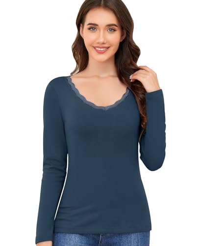 Thermounterwäsche Damen Langarmshirt Thermo Unterwäsche Basic Thermoshirt Thermo Oberteil Spitze V-Ausschnitt Thermowäsche Unterhemd Langarm Thermal Innenfleece Winter Shirt (Dunkelblau, S) von Ganado