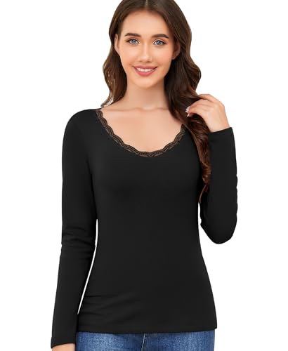 Thermounterwäsche Damen Langarmshirt Thermo Unterwäsche Basic Thermoshirt Thermo Oberteil Spitze V-Ausschnitt Thermowäsche Unterhemd Langarm Thermal Innenfleece Winter Shirt (Schwarz, 2XL) von Ganado