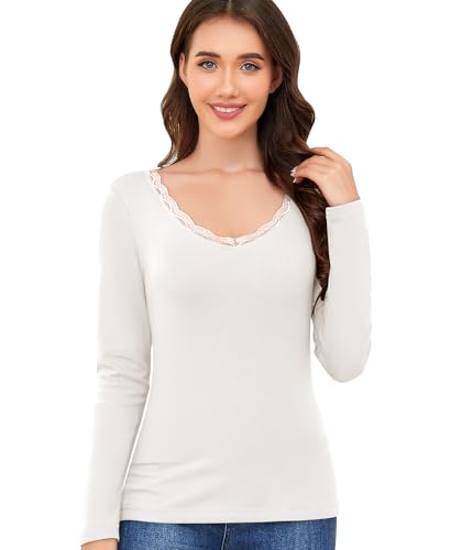 Thermounterwäsche Damen Langarmshirt Thermo Unterwäsche Basic Thermoshirt Thermo Oberteil Spitze V-Ausschnitt Thermowäsche Unterhemd Langarm Thermal Innenfleece Winter Shirt (Weiß, L) von Ganado