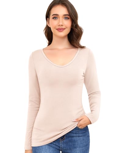 Thermounterwäsche Damen Langarmshirt Thermoshirt Thermo Oberteil Warmes Unterhemd Langarm Thermohemd Basic Tops Thermal Innenfleece Winter Unterwäsche Shirt (Beige, L) von Ganado