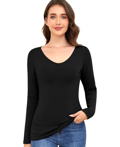 Thermounterwäsche Damen Langarmshirt Thermoshirt Thermo Oberteil Warmes Unterhemd Langarm Thermohemd Basic Tops Thermal Innenfleece Winter Unterwäsche Shirt (Schwarz, M) von Ganado