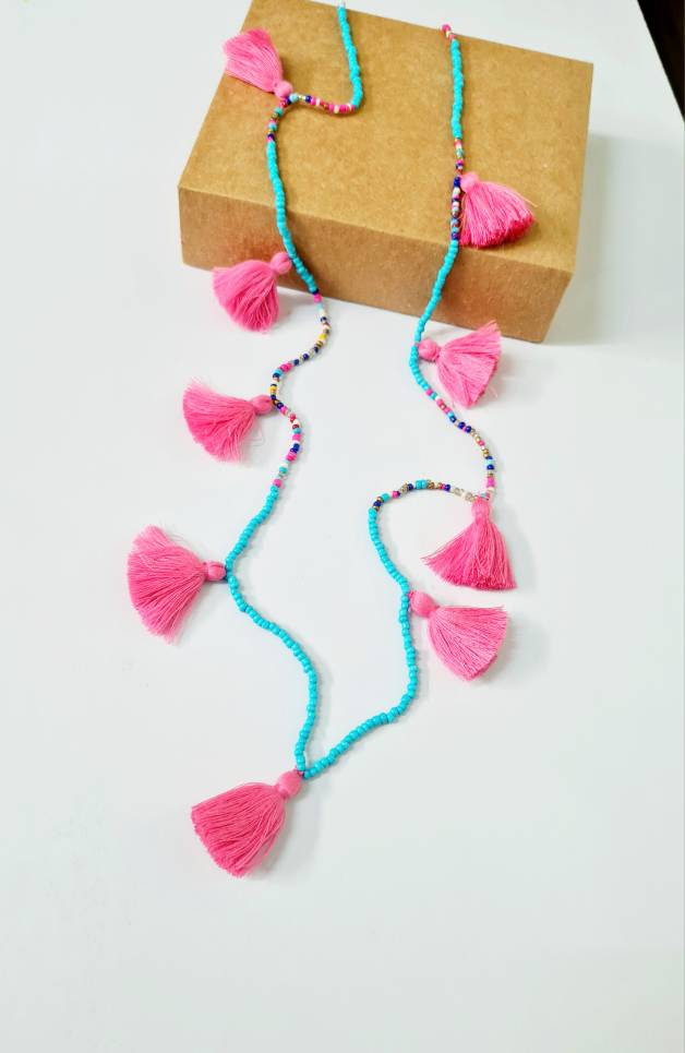 Boho Rosa Quaste Halskette Türkis Seed Bead Lange Halskette - Urlaub von GangesIndiSoul