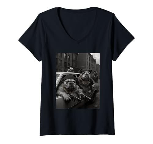 Damen Gangster Bulldogge Gang Lover Fun Street Gangster Dogs Gang T-Shirt mit V-Ausschnitt Damen Gangster Bulldogge Gang Lover Fun Street Gangster Dogs Gang T-Shirt mit V-Ausschnitt von Gangster Bulldogge Gang Vintage Car Scene My Hood