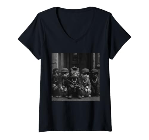 Damen Funny Gangster Cats Street Design T-Shirt mit V-Ausschnitt Damen Funny Gangster Cats Street Design T-Shirt mit V-Ausschnitt von Gangster Cat Fan Gift For Street Art Lover