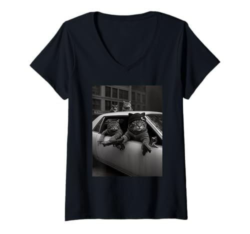 Damen Gangster Cat Gang Lover Lustige Strassengangster Katzen Gang T-Shirt mit V-Ausschnitt Damen Gangster Cat Gang Lover Lustige Strassengangster Katzen Gang T-Shirt mit V-Ausschnitt von Gangster Cat Gang Funny Vintage Car Scene My Hood
