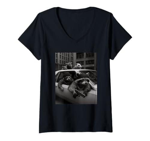 Damen Gangster Gang Raccoon Trash Lover Strassengangster Rat Gang T-Shirt mit V-Ausschnitt von Gangster Gang Cool Funny Vintage Car Scene My Hood