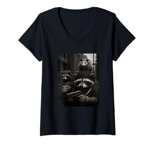 Damen Gangster Gang Trash Lover Strassengangster Raccoon Rat Gang T-Shirt mit V-Ausschnitt von Gangster Gang Cool Funny Vintage Car Scene My Hood