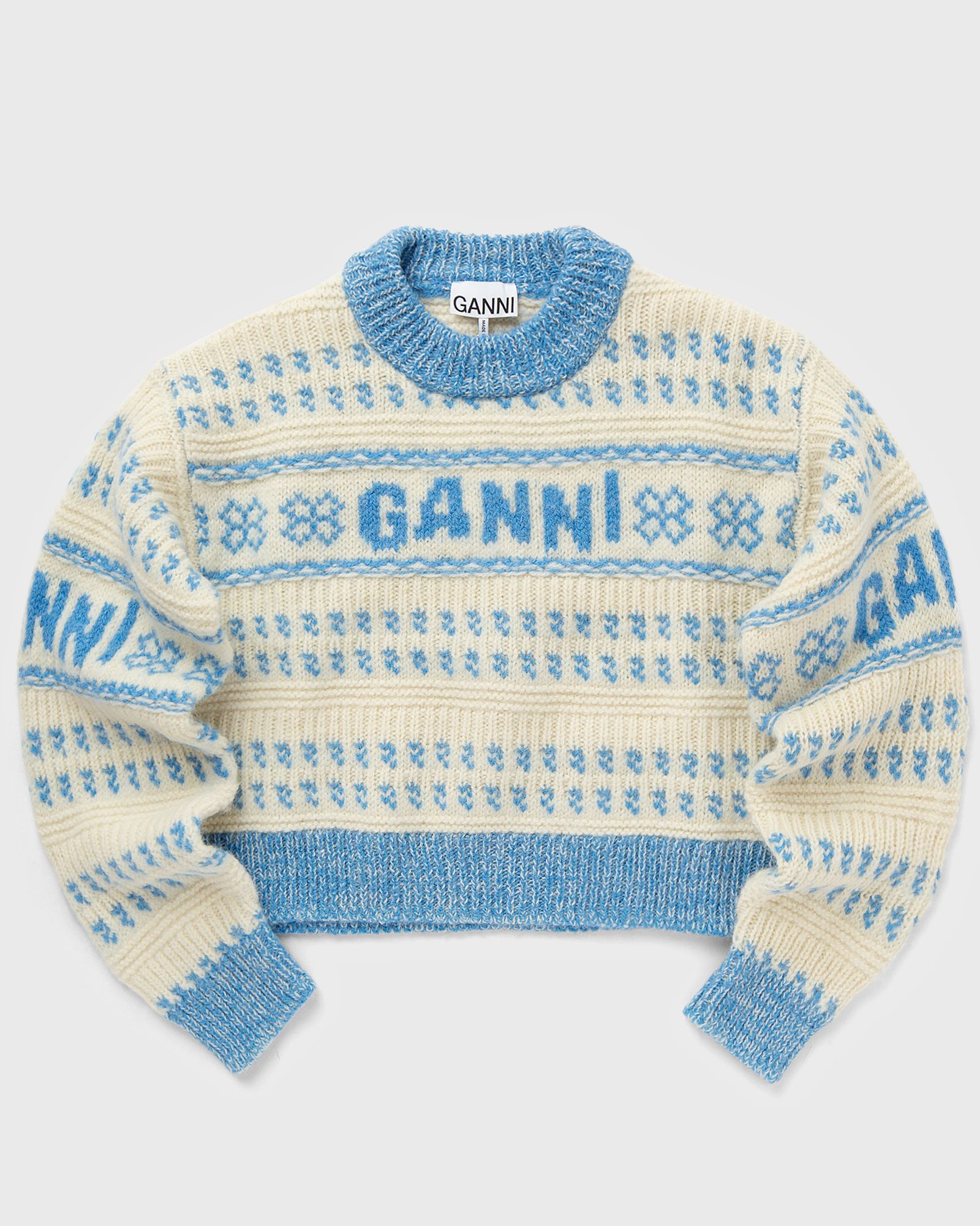 Ganni Graphic Lambswool Cropped O-neck women Pullovers blue|beige in Größe:S von Ganni