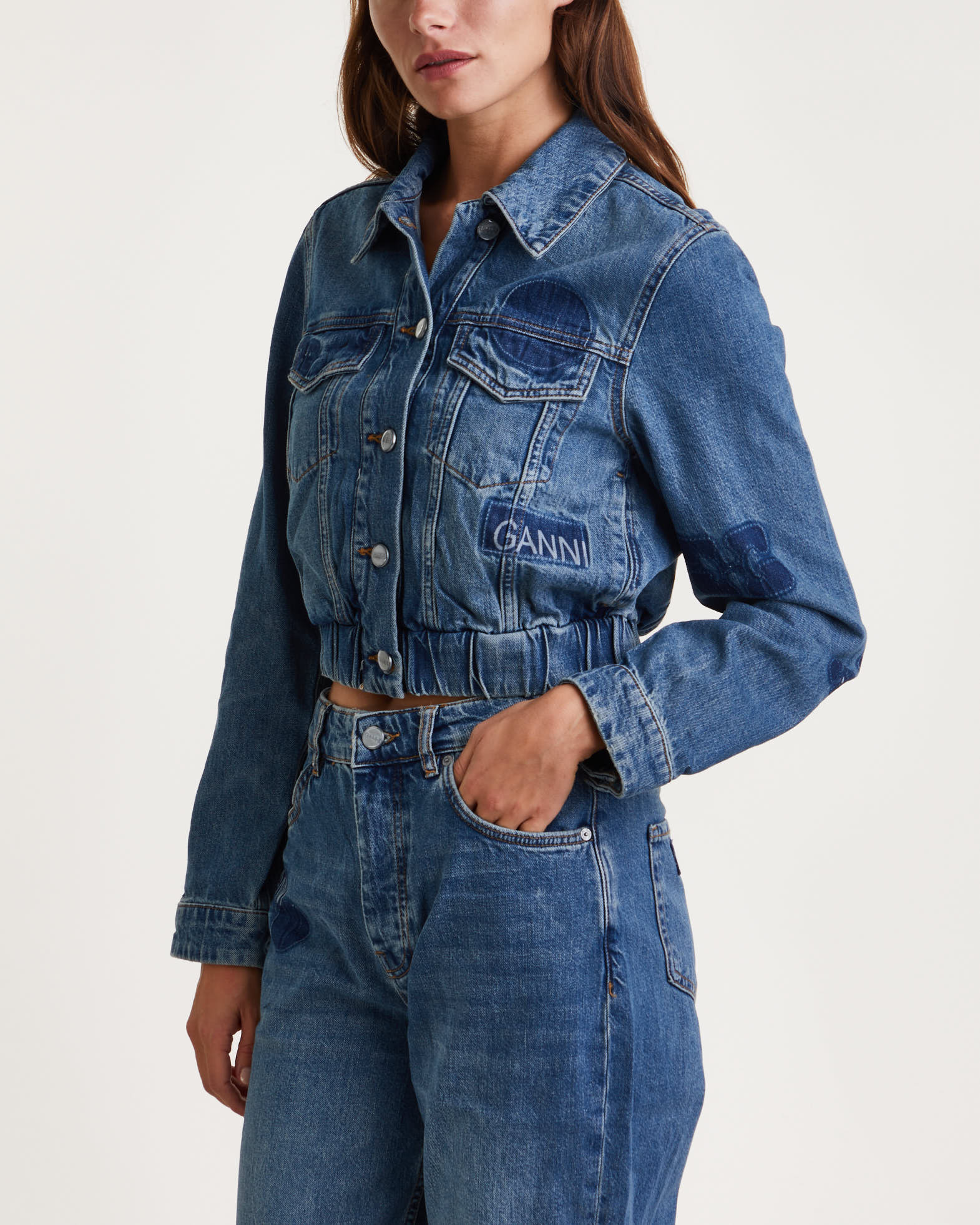 Ganni Jacket Patch Denim Bomber Denim von Ganni