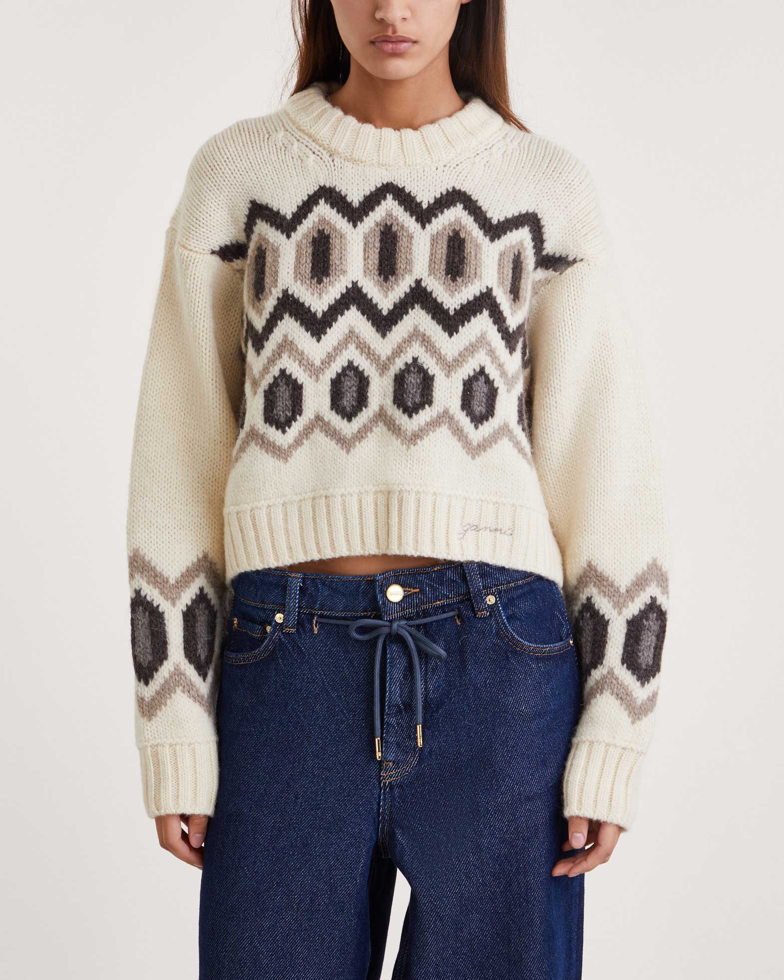 Ganni Sweater Chunky Graphic Wool Cropped O-neck Egret von Ganni