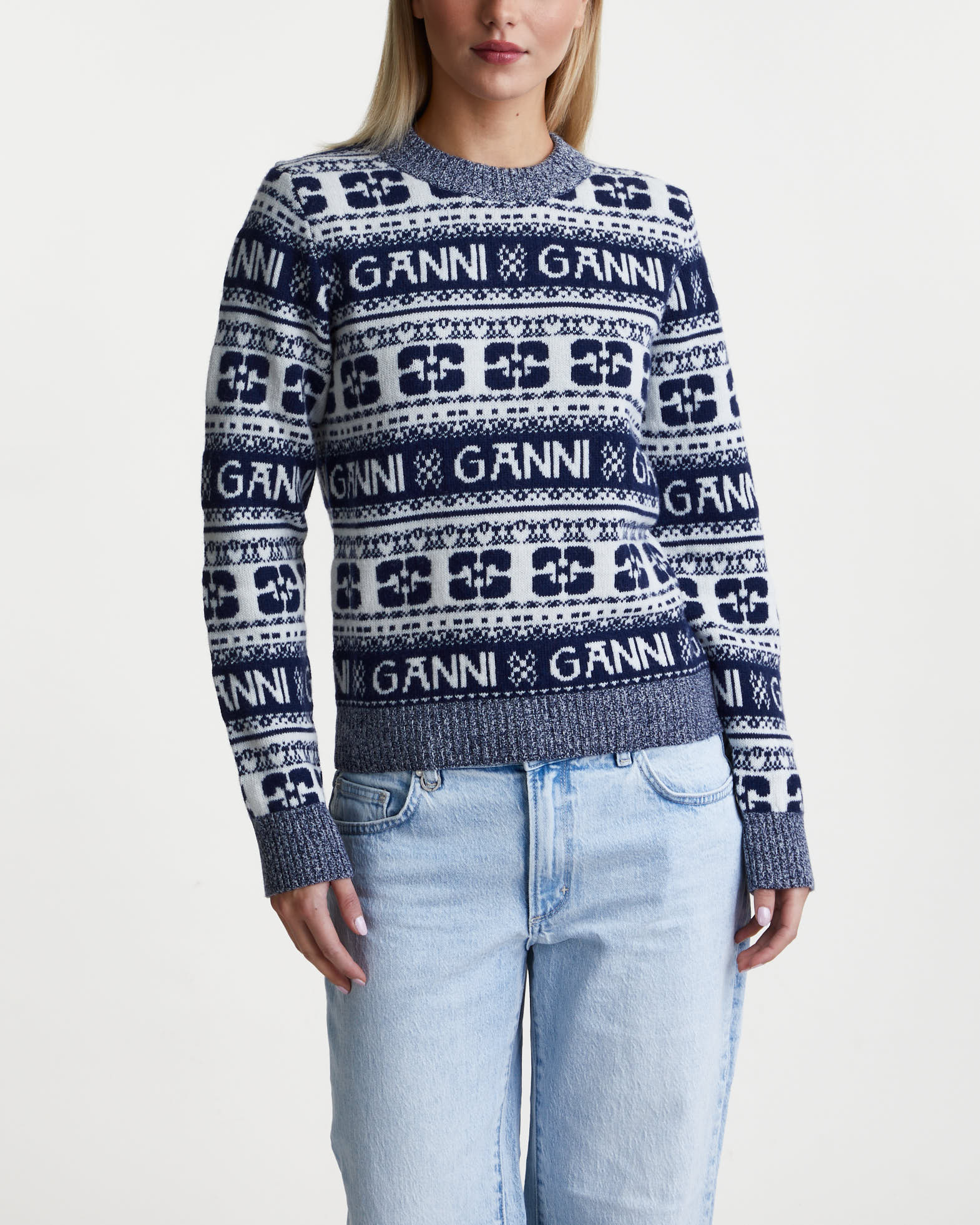 Ganni Sweater Logo Wool Mix Sky captain von Ganni