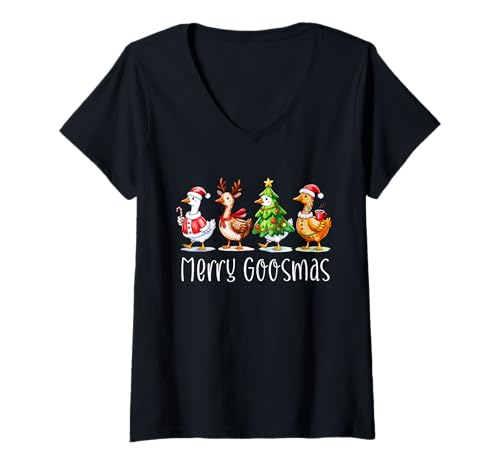 Damen Merry Goosmas Lustiges Weihnachtsfeier Outfit Weihnachten T-Shirt mit V-Ausschnitt von Gans Weihnachtsshirt Weihnachtspulli Kleidung