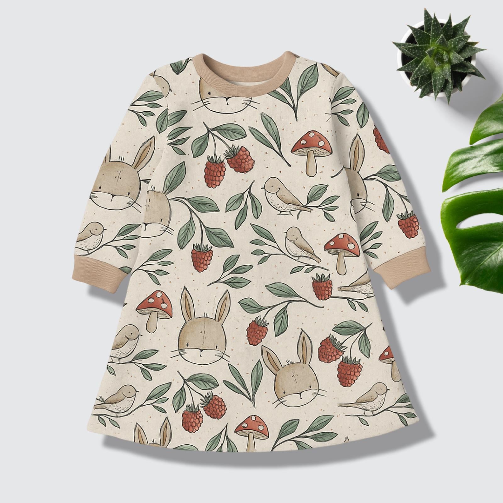 Kinder Sweatkleid Wiesentag, Auch Kurzärmelig Möglich, Häschen Mit Vögel, Mädchenkleid Waldtiere, Baby, Versch. Größen von GanskleinbyDenise