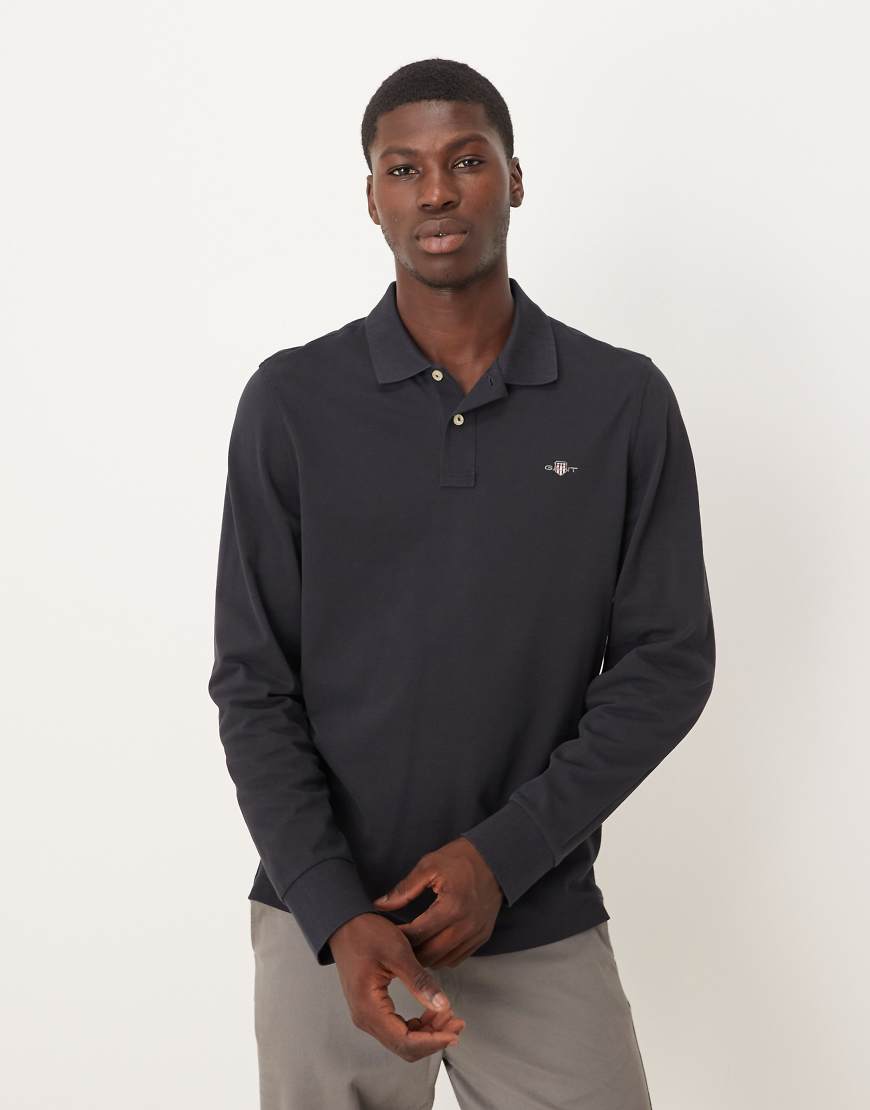 GANT - Langärmliges Polohemd aus Pikee in Schwarz mit Wappen-Logo von Gant