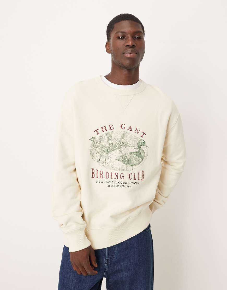 GANT - Relaxed-Fit-Sweatshirt in Creme mit „Birding Club"-Print-Weiß von Gant