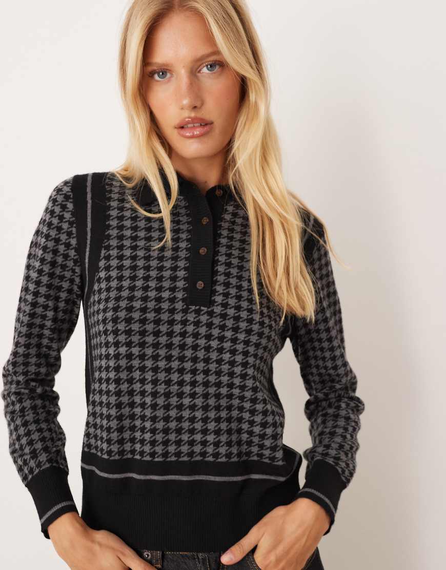 GANT - Strick-Polohemd in Schwarz mit Hahnentritt-Jacquardmuster von Gant