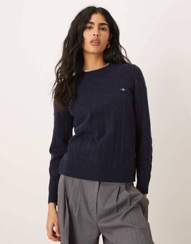 GANT - Strickpullover aus Lammwolle in Marineblau mit Zopfmuster von Gant