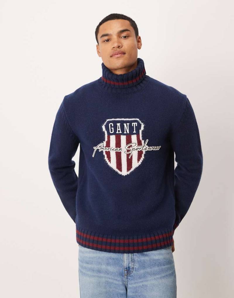 GANT - Strickpullover aus Wollmix in Navy mit Rollkragen und Logostickerei-Marineblau von Gant