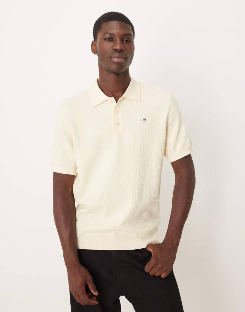GANT - Strukturiertes, kurzärmliges Polohemd aus Baumwolle in Creme-Weiß von Gant