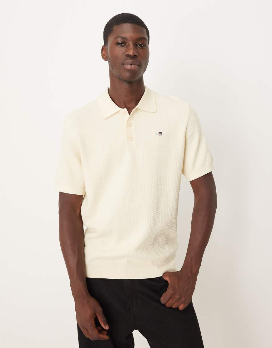 GANT - Strukturiertes, kurzärmliges Polohemd aus Baumwolle in Creme-Weiß von Gant