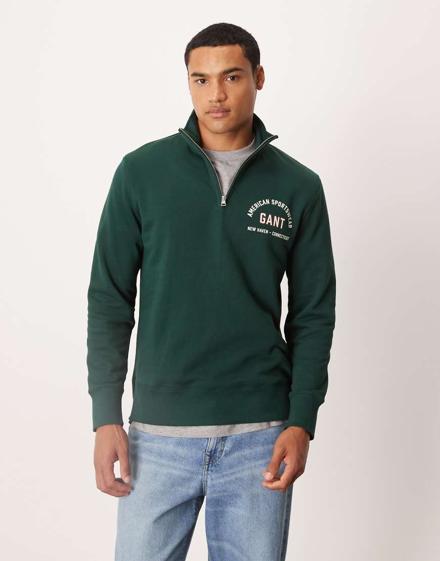 GANT - Sweatshirt in Dunkelgrün mit College-Logo und kurzem Reißverschluss von Gant