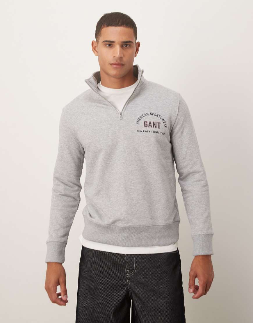GANT - Sweatshirt in Grau mit College-Logoprint und kurzem Reißverschluss von Gant
