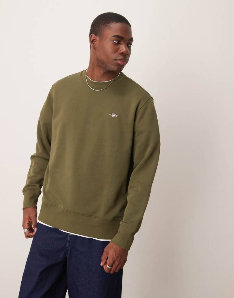GANT - Sweatshirt in Khaki mit Rundhalsausschnitt und kleinem Logo-Grün von Gant