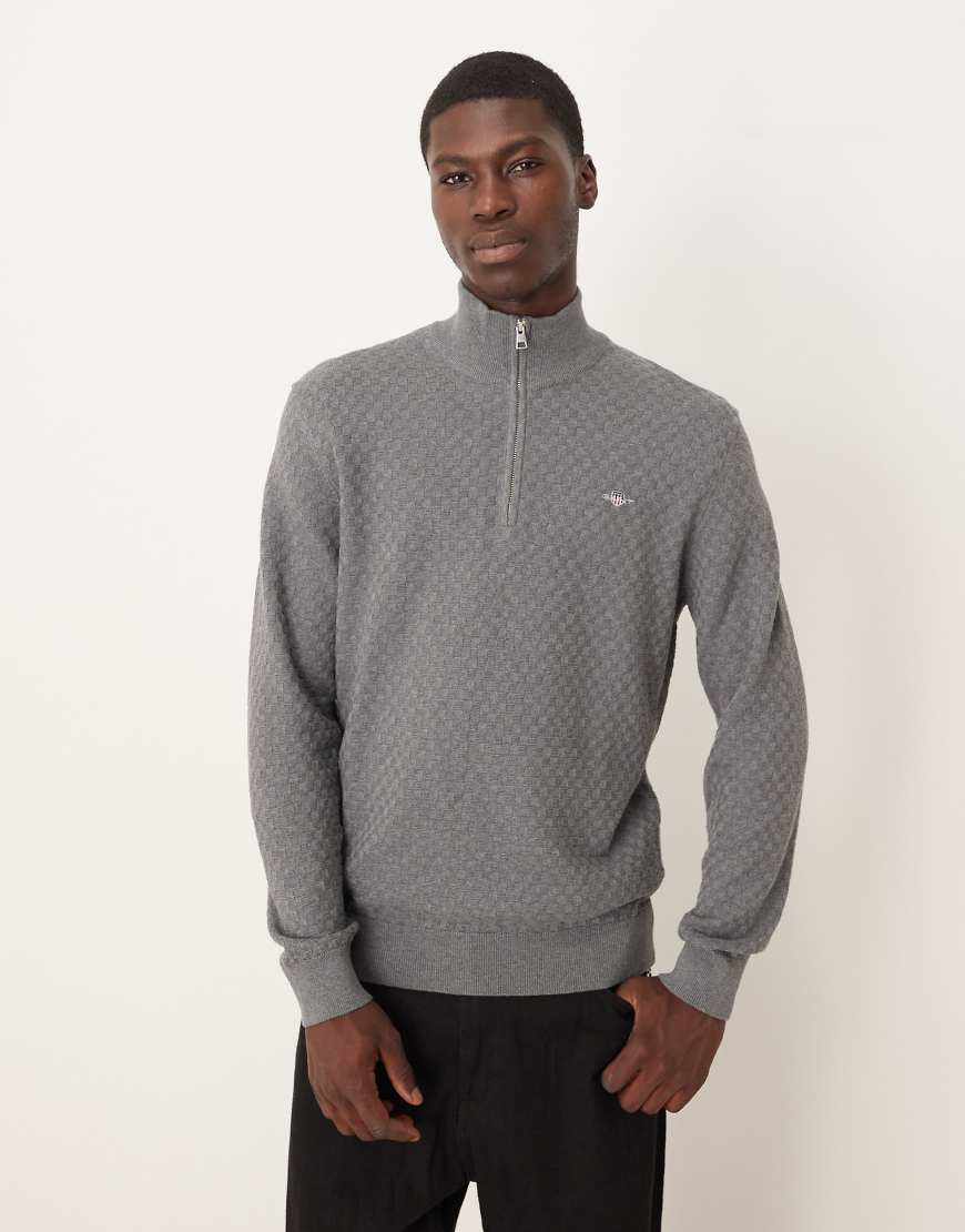 GANT - strukturierter Strickpullover in Dunkelgrau mit Shield-Logo und kurzem Reißverschluss von Gant
