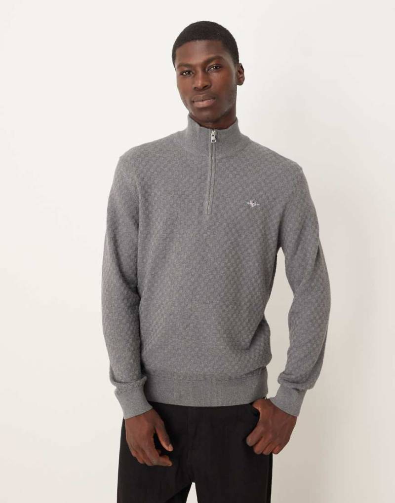 GANT - strukturierter Strickpullover in Dunkelgrau mit Shield-Logo und kurzem Reißverschluss von Gant