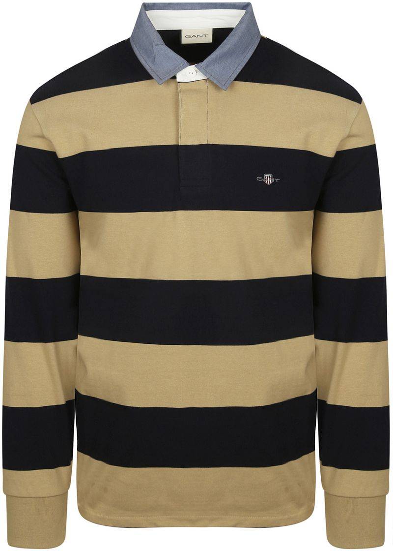 Gant Heavy Rugger Shield Langarm Poloshirt Streifen Navy Beige - Größe M von Gant