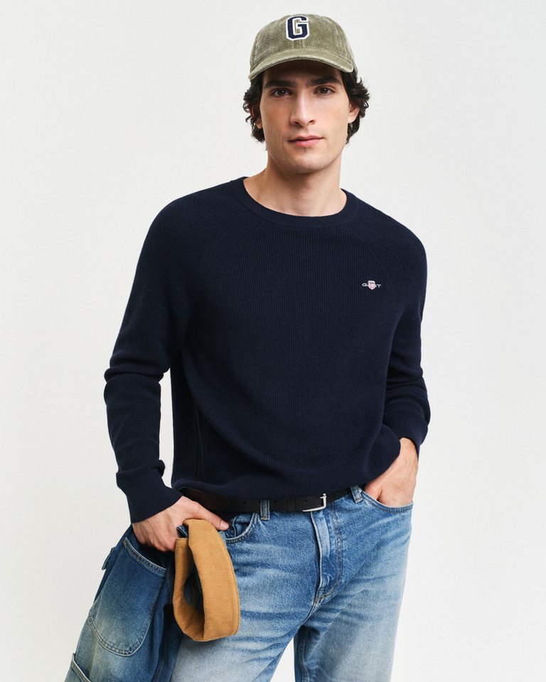 Gant Rundhalspullover COTTON WOOL RIB C-NECK Rippstrickstruktur von Gant