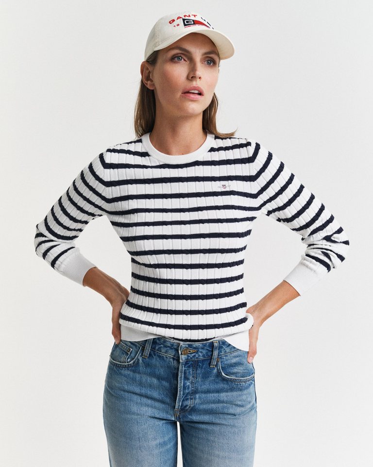 Gant Rundhalspullover STRETCH COTTON CABLE STRIPE C-NECK von Gant