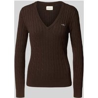 Gant Strickpullover mit V-Ausschnitt und Logo-Stitching in Mittelbraun, Größe XL von Gant