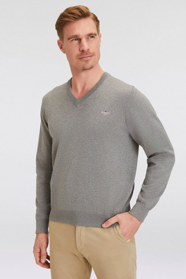 Gant V-Ausschnitt-Pullover Classic Cotton V-Neck Premium Strickjersey aus weicher 100% Baumwolle, Übergangspullover von Gant