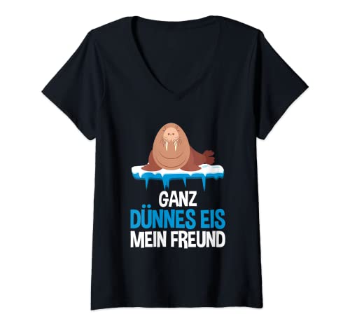 Damen Ganz Dünnes Eis Mein Freund Walross Genervt Morgenmuffel T-Shirt mit V-Ausschnitt Damen Ganz Dünnes Eis Mein Freund Walross Genervt Morgenmuffel T-Shirt mit V-Ausschnitt von Ganz Dünnes Eis Spruch Kleidung