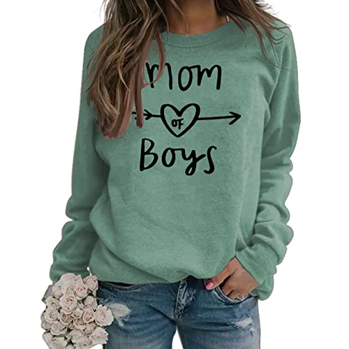 Mom of Boys Sweatshirt Frauen Langarm Buchstaben Druck Pullover Mama Sweatshirt Casual Loose Crewneck Fall Pullover Tops, Hellgrün, S von GaoCold