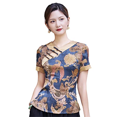 Cheongsam Damen Kurze Oberteile Baumwollmischung Drucke Spleißen Kurzarm Chinesisches Tang Kostüm Qipao Hemden Frau Yellow XL von GaoLeAve