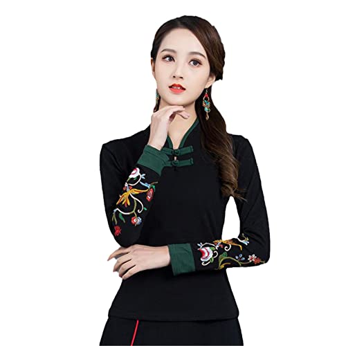Cheongsam Damen Kurze Oberteile Baumwollmischung Stickerei Stehkragen Verdickung Chinesischer Stil Qipao Skinny Shirts Frau Black M von GaoLeAve