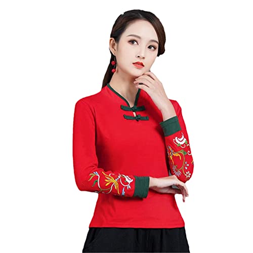 Cheongsam Damen Kurze Oberteile Baumwollmischung Stickerei Stehkragen Verdickung Chinesischer Stil Qipao Skinny Shirts Frau Red XL von GaoLeAve