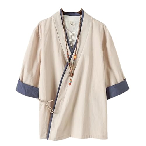 Chinesischer Stil Hemd Retro Baumwolle Leinen Top Kung Fu Bluse T-Shirt Japanischer Samurai Kimono Haori Strickjacke Lässiger Mantel A XS688 XXL von GaoLeAve