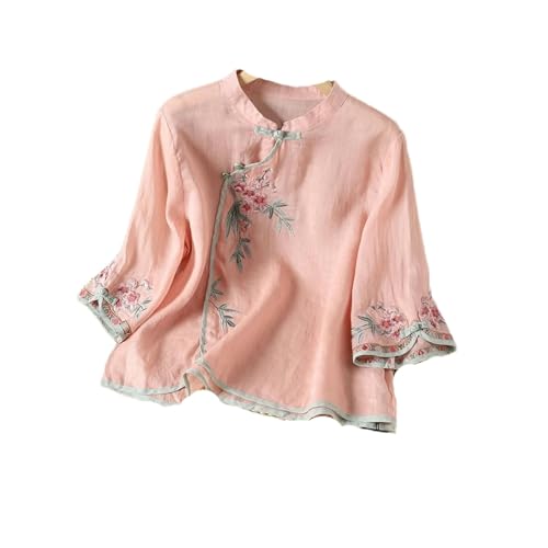 GaoLeAve Frauen Chinesisch Sommer Retro geknöpft Stehkragen schräg Revers Stickerei Baumwolle Leinen Dreiviertel-Ärmel Bluse Pink L von GaoLeAve