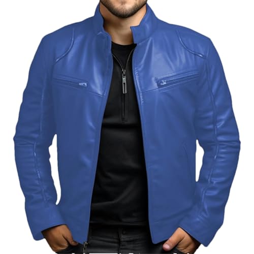 GaoLeAve Frühling Sommer Herrenbekleidung Lederjacke Herren Stehkragen Punk Ledermantel Herren Frühling und Herbst Lederjacke 66Blue XXL von GaoLeAve