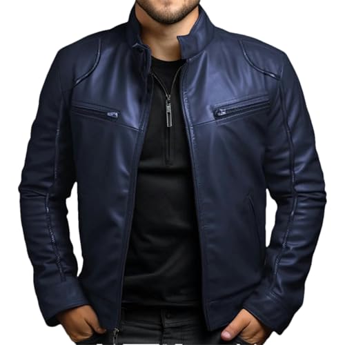 GaoLeAve Frühling Sommer Herrenbekleidung Lederjacke Herren Stehkragen Punk Ledermantel Herren Frühling und Herbst Lederjacke Navy9 XXL von GaoLeAve