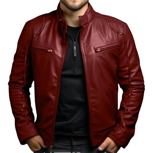 GaoLeAve Frühling Sommer Herrenbekleidung Lederjacke Herren Stehkragen Punk Ledermantel Herren Frühling und Herbst Lederjacke Wine red M von GaoLeAve
